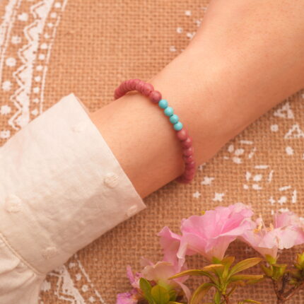 Wearing Rhodochrosite & Turquoise Bracelet – Silver Flower Charm Crystal Jewelry for Balance and Love