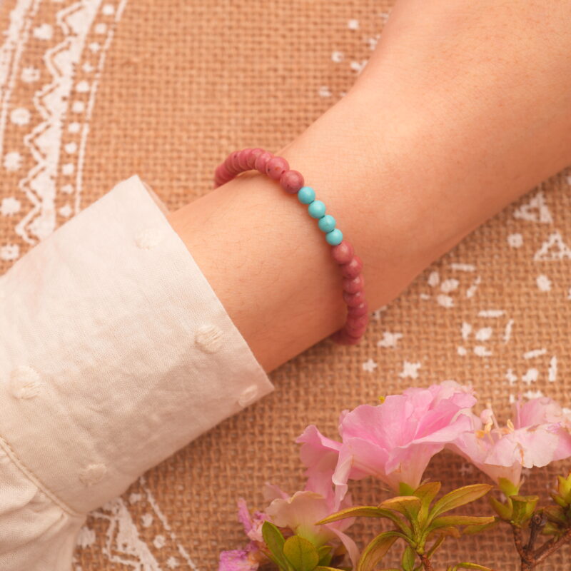 Wearing Rhodochrosite & Turquoise Bracelet – Silver Flower Charm Crystal Jewelry for Balance and Love