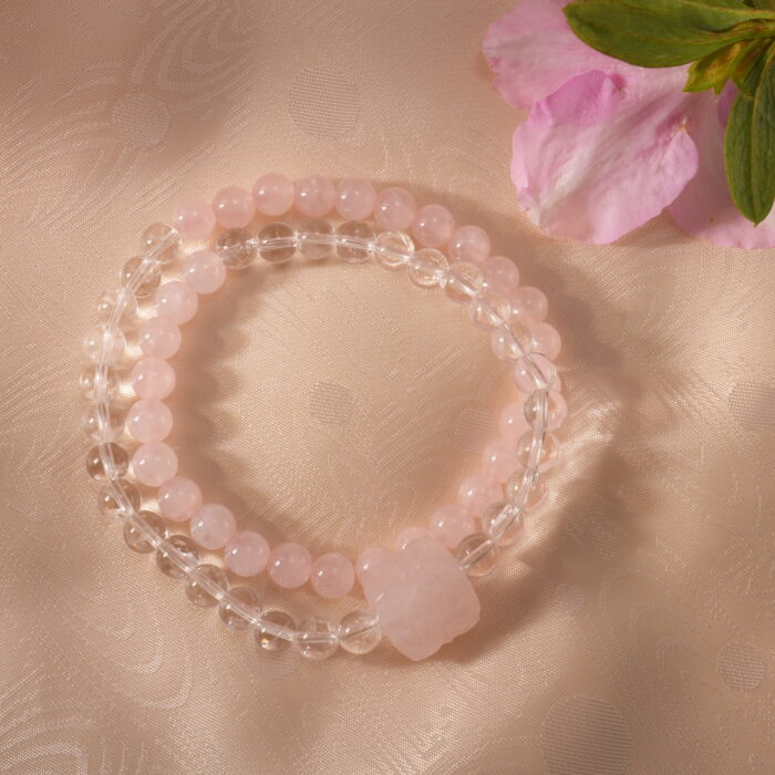 Rose Quartz and Clear Quartz Bracelet in Natural Light – Emotional Healing and Balance Jewelry