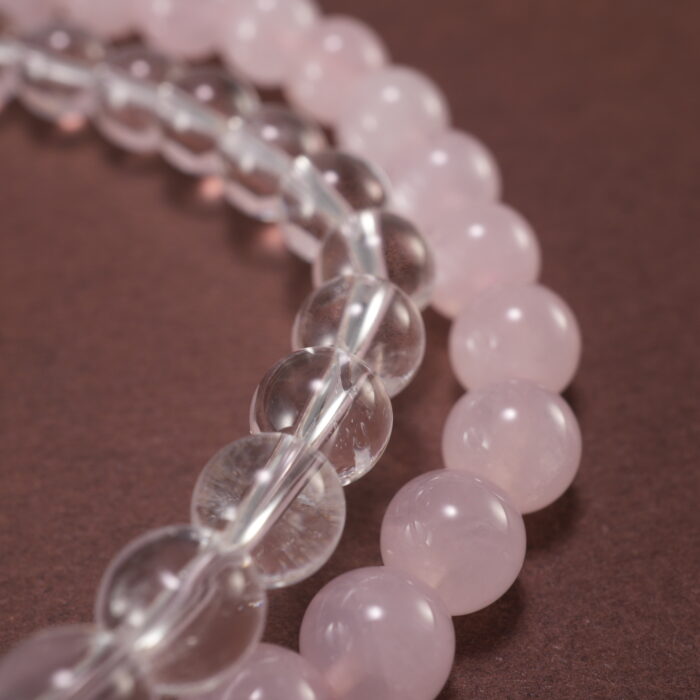 Close-up of Rose Quartz and Clear Quartz Beads – Double Wrap Healing Gemstone Bracelet