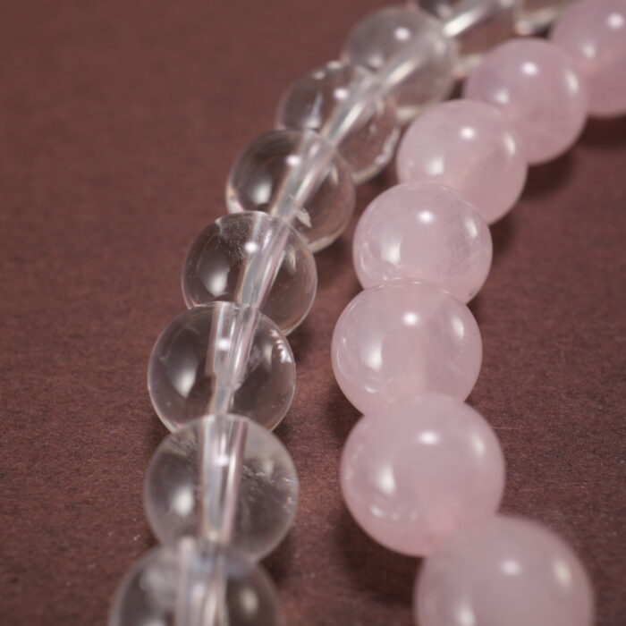 Close-up of Rose Quartz and Clear Quartz Beads – Double Wrap Healing Gemstone Bracelet