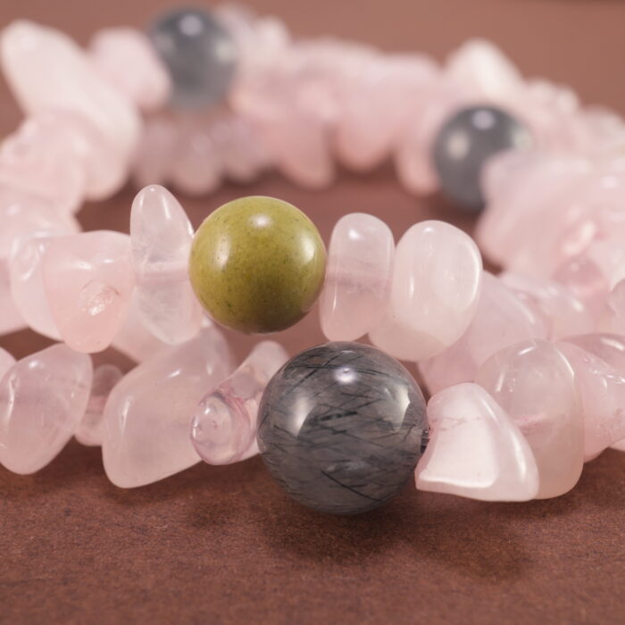 Close-up of Rose Quartz, Gray Rutile, and Alashan Beads – Elegant Bracelet Stack