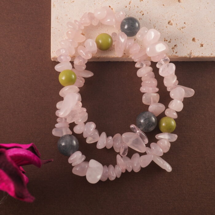 Bracelet Stack with Rose Quartz and Rutilated Quartz – Crystal Jewelry for Love and Clarity