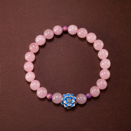 Rose Quartz and Purple Chalcedony Beaded Bracelet with Flower Charm – Crystal Jewelry for Love and Calm