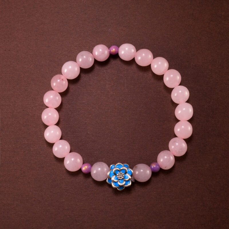 Rose Quartz and Purple Chalcedony Beaded Bracelet with Flower Charm – Crystal Jewelry for Love and Calm