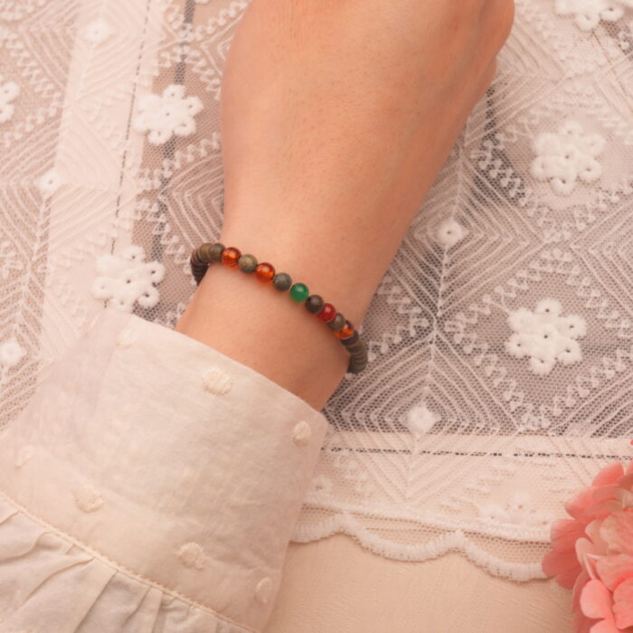 Wearing Sandalwood and Gemstone Bracelet – Lapis Lazuli and Garnet Accents