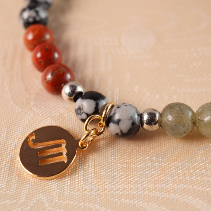 Close-up detail of Scorpio bracelet beads made of malachite and obsidian