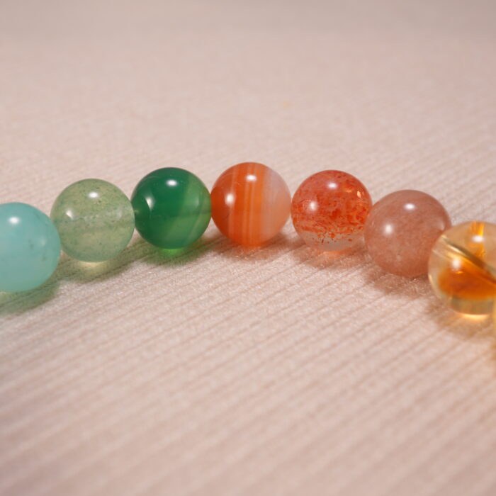 Close-up of Handmade Seven Chakra Bracelet with vibrant beads representing each chakra