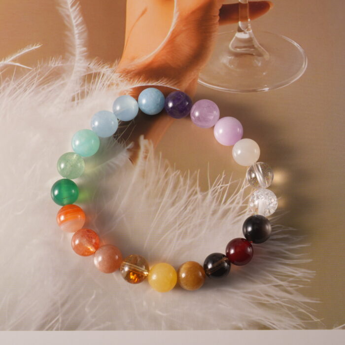 Handmade Seven Chakra Bracelet placed on a soft textured surface, showcasing its colorful chakra beads