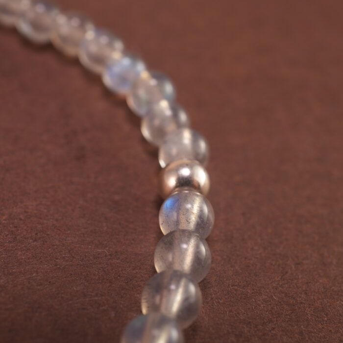 Close-up of soft blue chalcedony beads with carved flower accents