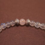 Close-up of soft blue chalcedony beads with carved flower accents