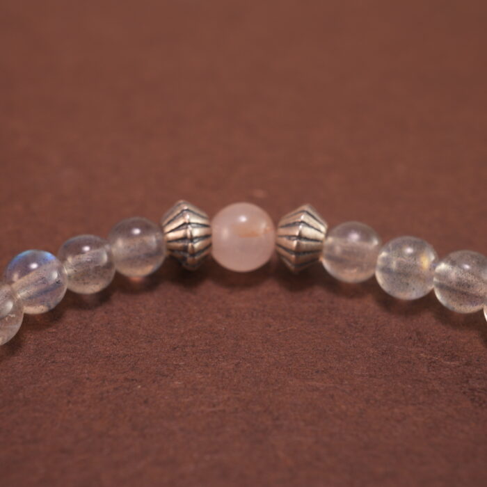 Close-up of soft blue chalcedony beads with carved flower accents