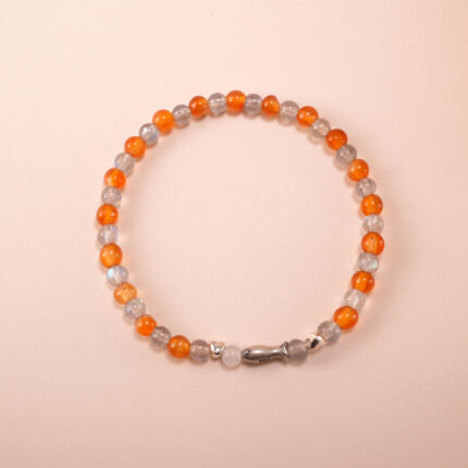 4mm Sleep-Aid Bracelet with Orange Chalcedony and Gray Moonstone featuring a silver fish charm