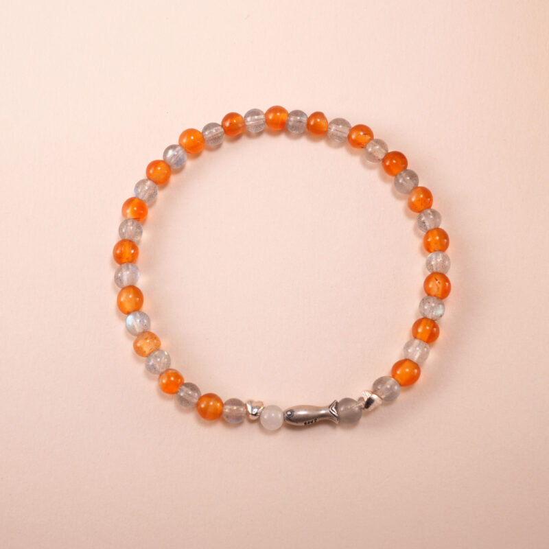 4mm Sleep-Aid Bracelet with Orange Chalcedony and Gray Moonstone featuring a silver fish charm