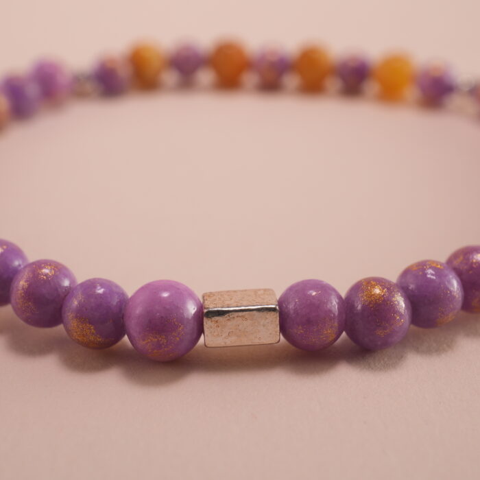 Close-up of Tiger Eye and Purple Chalcedony Beads with S925 Heart Charm