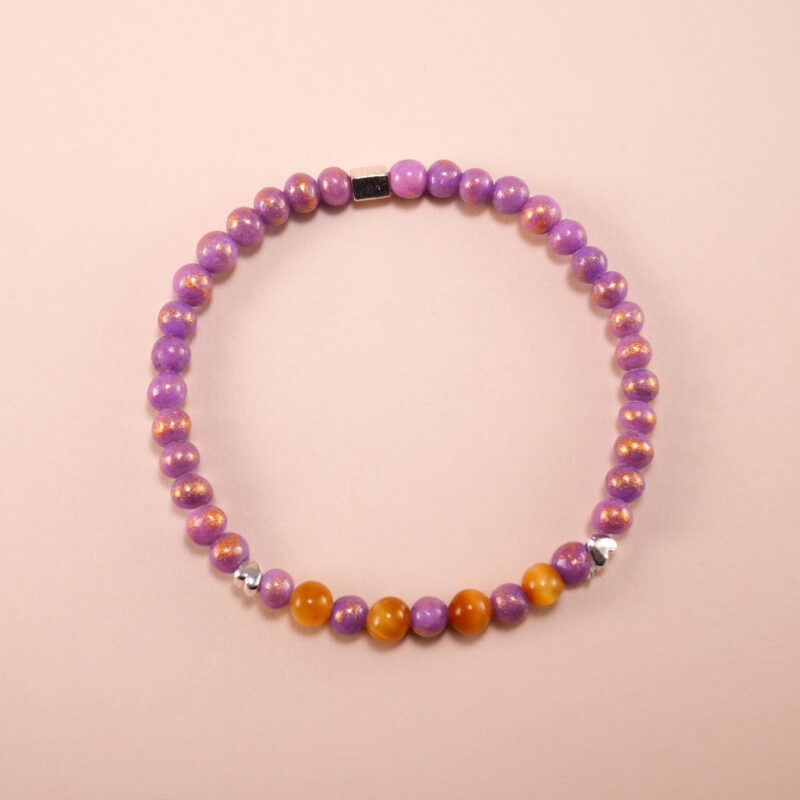 Tiger Eye and Purple Chalcedony 4mm Sleep Aid Bracelet with Heart Charm – Front View