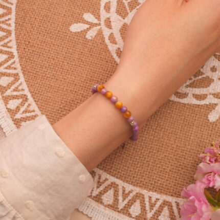 Model Wearing 4mm Purple Chalcedony and Tiger Eye Bracelet on Wrist – Calming Design