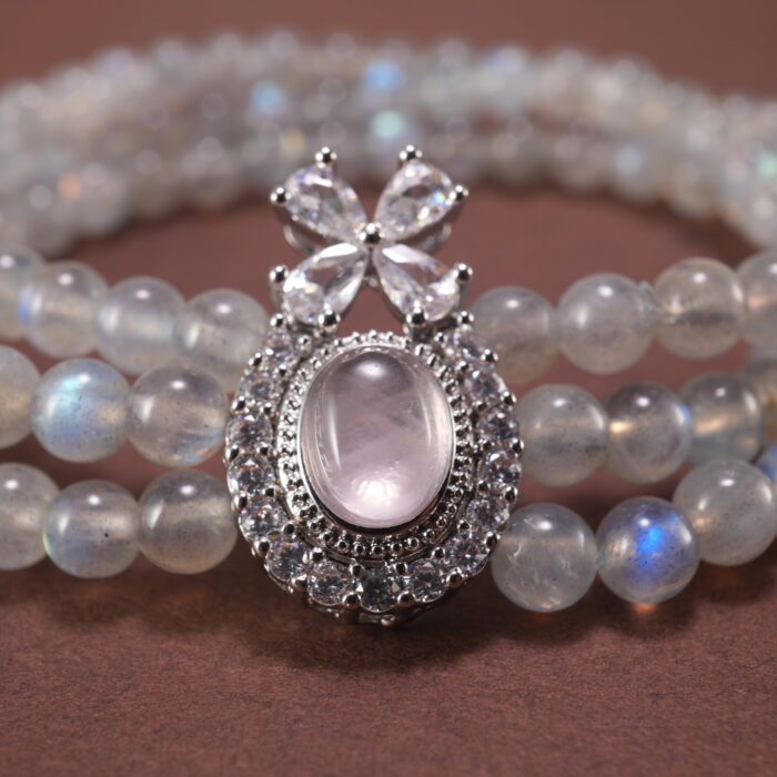 Close-Up of 6mm Gray Moonstone Beads in Layered Design – Soft Polished Texture