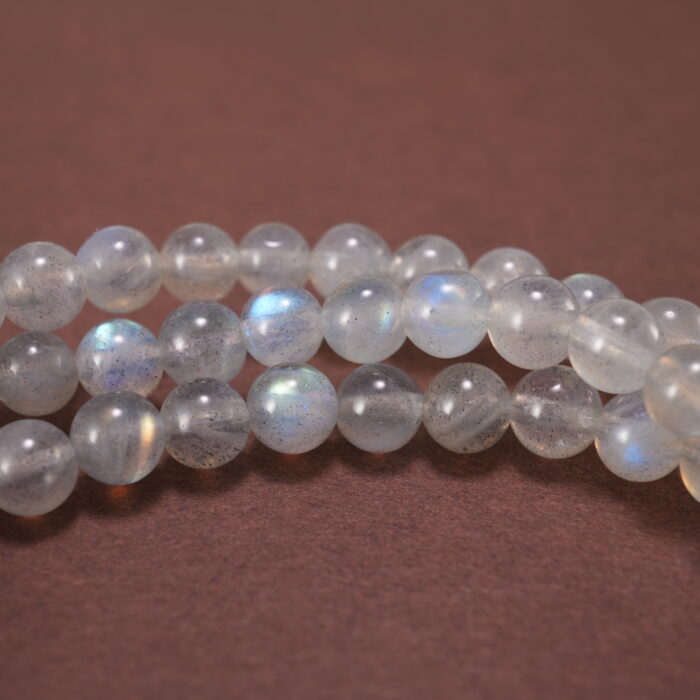 Close-Up of 6mm Gray Moonstone Beads in Layered Design – Soft Polished Texture