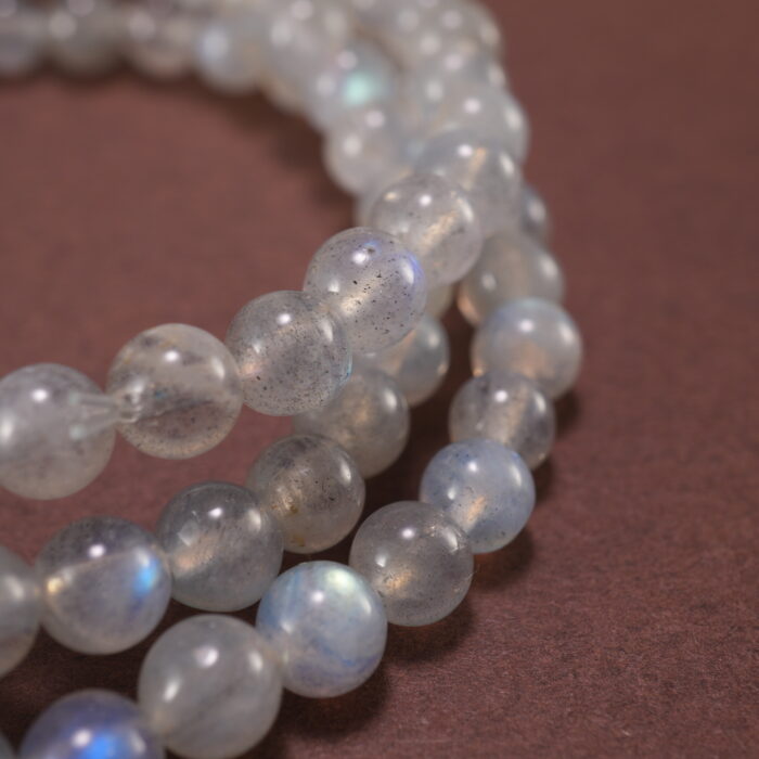 Close-Up of 6mm Gray Moonstone Beads in Layered Design – Soft Polished Texture
