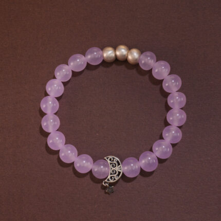 Lavender amethyst moon bracelet with 8mm beads arranged in a clean circular form