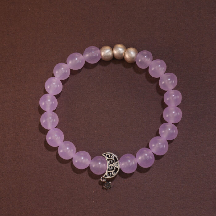 Lavender amethyst moon bracelet with 8mm beads arranged in a clean circular form