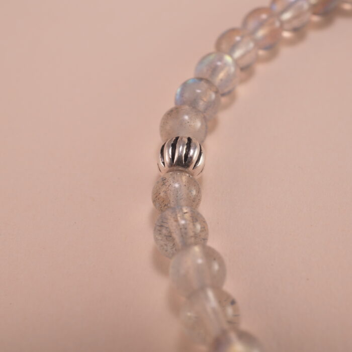 Close-up view of moonstone beads with natural shimmer and fine polish