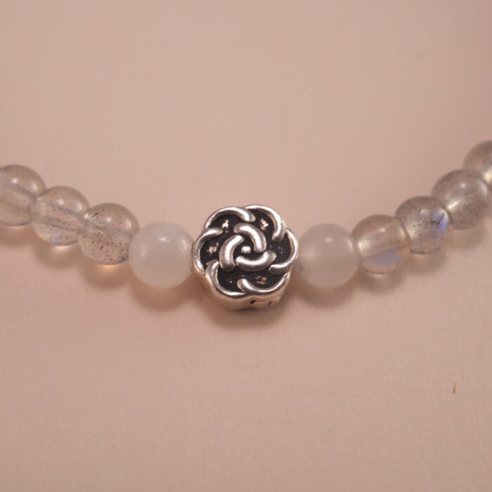 Close-up view of moonstone beads with natural shimmer and fine polish