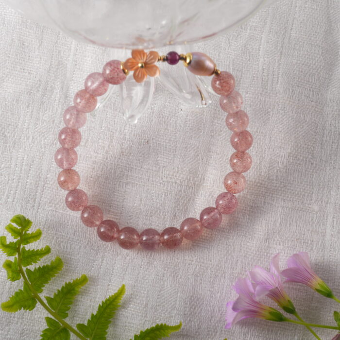 Strawberry Quartz Pearl Bracelet in Natural Light – Delicate Crystal Jewelry for Love and Beauty