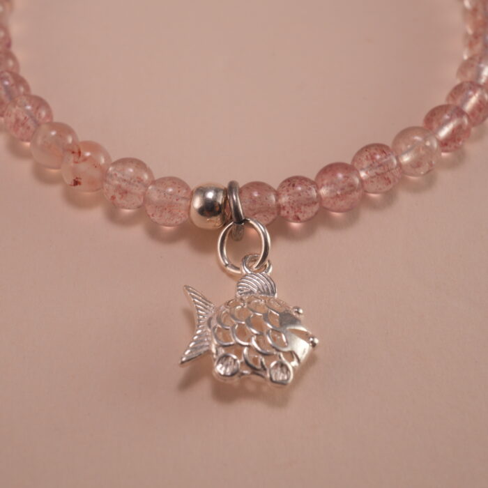 Close-up of Handmade Strawberry Quartz and Silver Beads – Bracelet for Love and Warmth