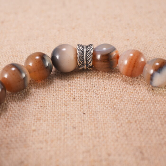 Close-up of Stripe Persian Bay Agate beads and S925 sterling silver accents on the bracelet