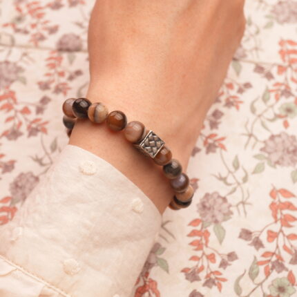 Man wearing Stripe Persian Bay Agate S925 Bracelet, demonstrating its fit and minimalist style