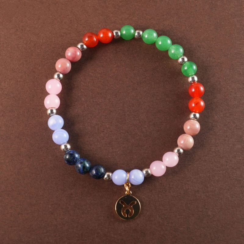 Taurus Zodiac Bracelet with multicolor natural gemstones and Taurus charm