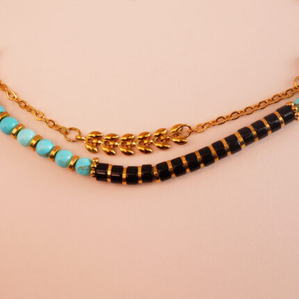 Close-up showing the unique matrix of turquoise beads and raw or polished black tourmaline
