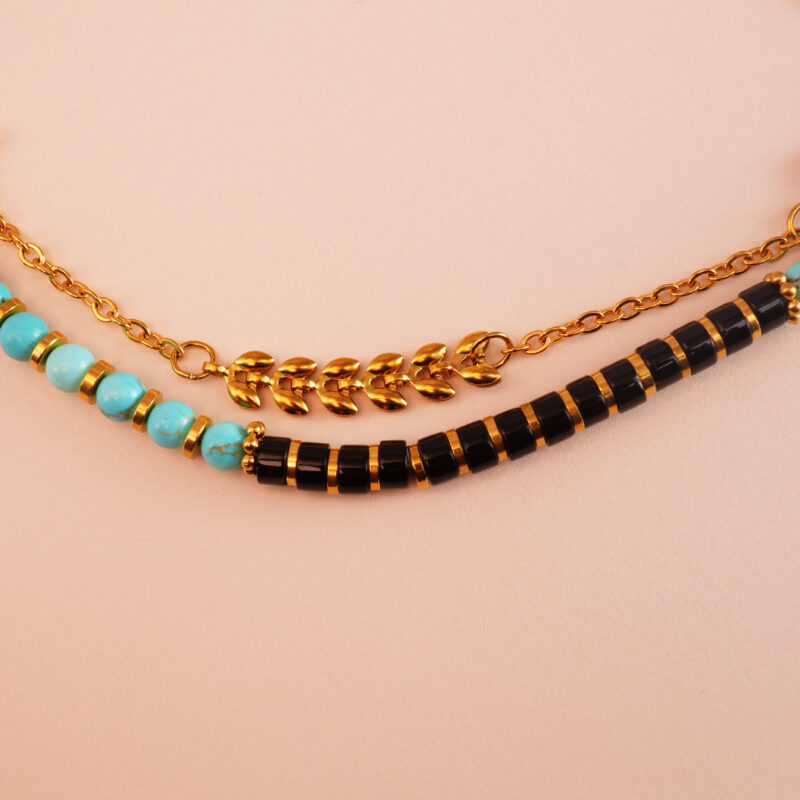 Close-up showing the unique matrix of turquoise beads and raw or polished black tourmaline
