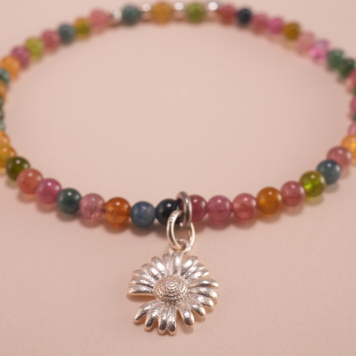 Close-up of Tourmaline Beads and Silver Charms – Vibrant Charm Bracelet