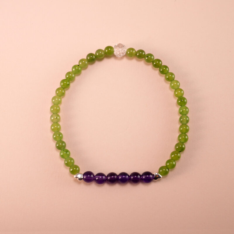 Handmade green chalcedony and amethyst bracelet on white background