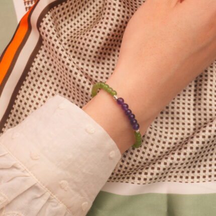 Green chalcedony & amethyst bracelet styled on wrist for a relaxed look