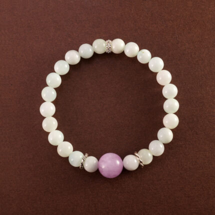 Handmade Kunzite and White Chalcedony 6mm Bracelet on white background – soothing and elegant crystal jewelry