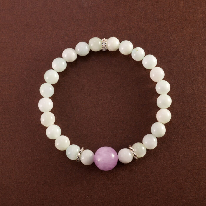 Handmade Kunzite and White Chalcedony 6mm Bracelet on white background – soothing and elegant crystal jewelry