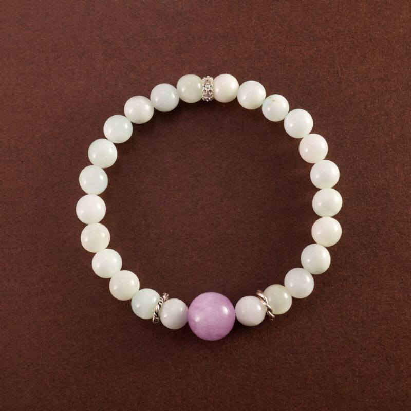 Handmade Kunzite and White Chalcedony 6mm Bracelet on white background – soothing and elegant crystal jewelry