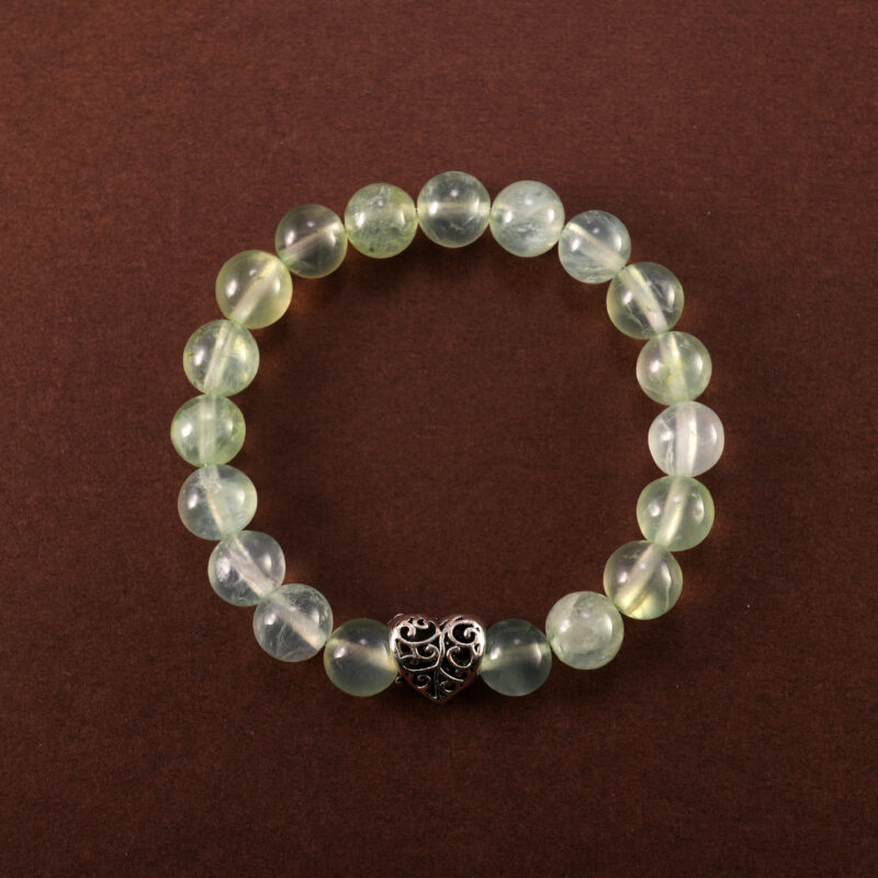 8mm Prehnite heart bracelet on white background