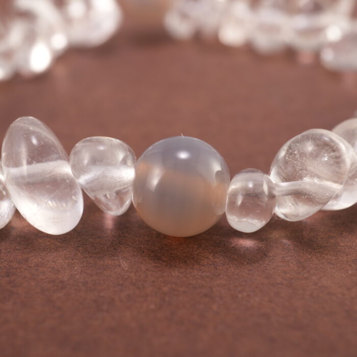 Close-up of rough-cut Clear Quartz with polished Gray Agate beads