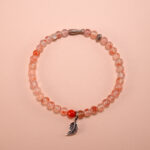 Handmade 4mm Red & White Chalcedony Bracelet with Sterling Silver Leaf Charm