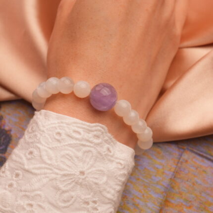 Handmade white agate and amethyst 8mm sterling silver bracelet on white background