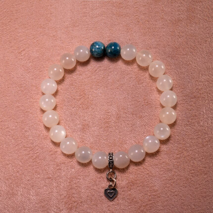 Handmade white chalcedony and blue apatite sterling silver 8mm bracelet with heart charm