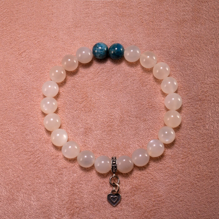 Handmade white chalcedony and blue apatite sterling silver 8mm bracelet with heart charm