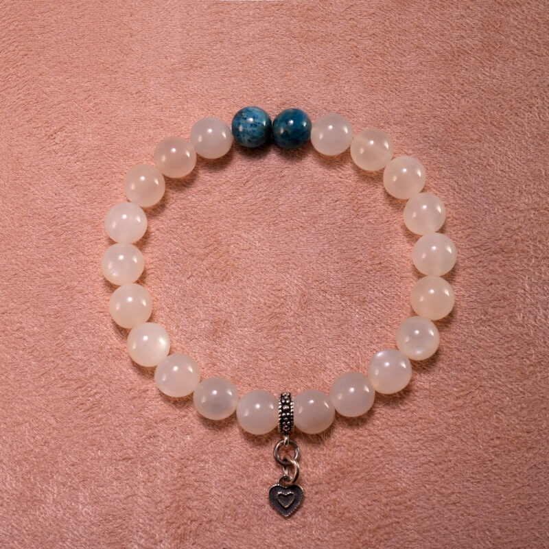 Handmade white chalcedony and blue apatite sterling silver 8mm bracelet with heart charm