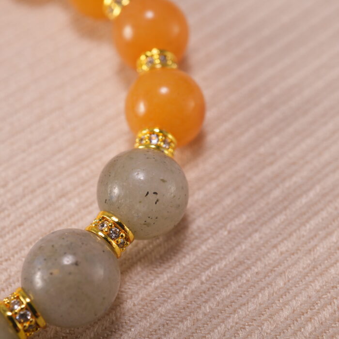 Close-up of yellow chalcedony and gray moonstone beads