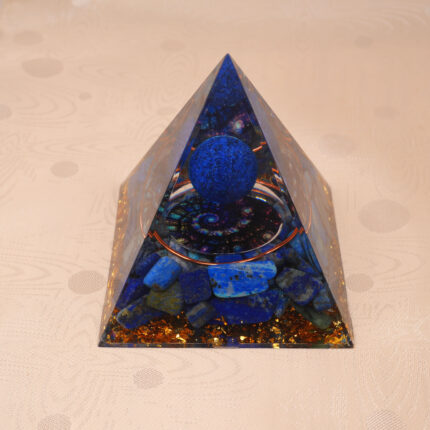 Handmade Lapis Lazuli resin pyramid with gold foil, spiritual energy crystal for healing and home decor